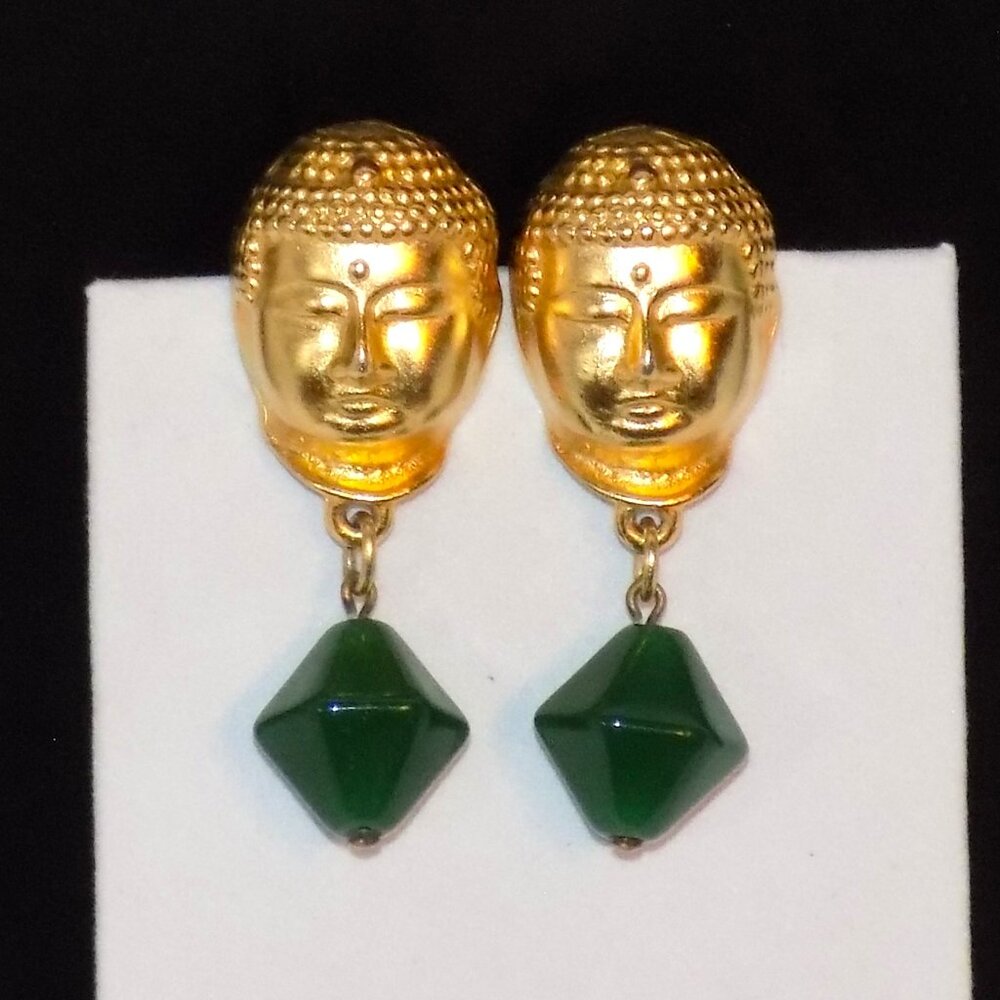 Vintage Signed M. Jent Golden Buddha Earrings with Dangle Faux Jade Bead
